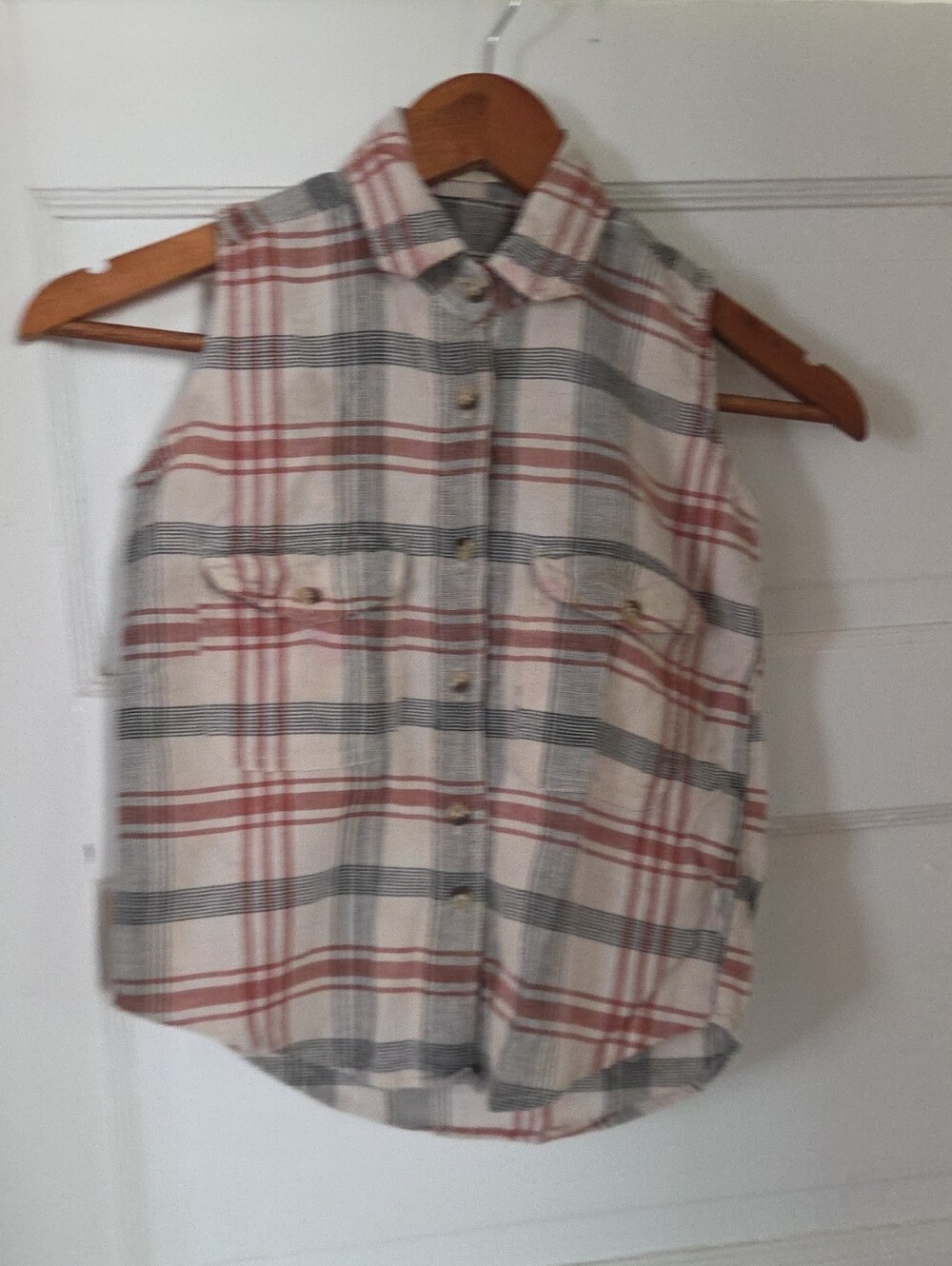 Girls Plaid Sleeveless Button-Front Tank - Beige with Red & Gray
